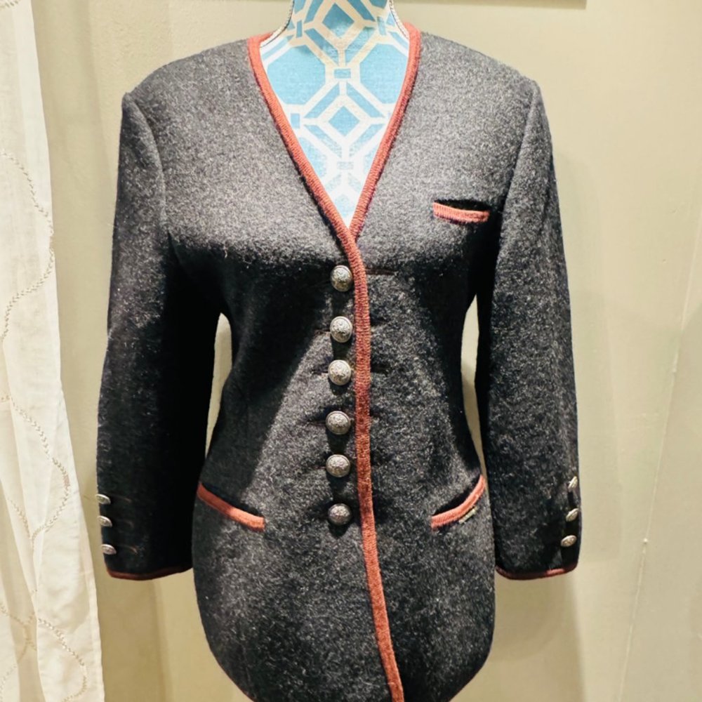 Vtg Geiger blazer  Sz 36 Black V Neck Boiled Wool Buttons Austria